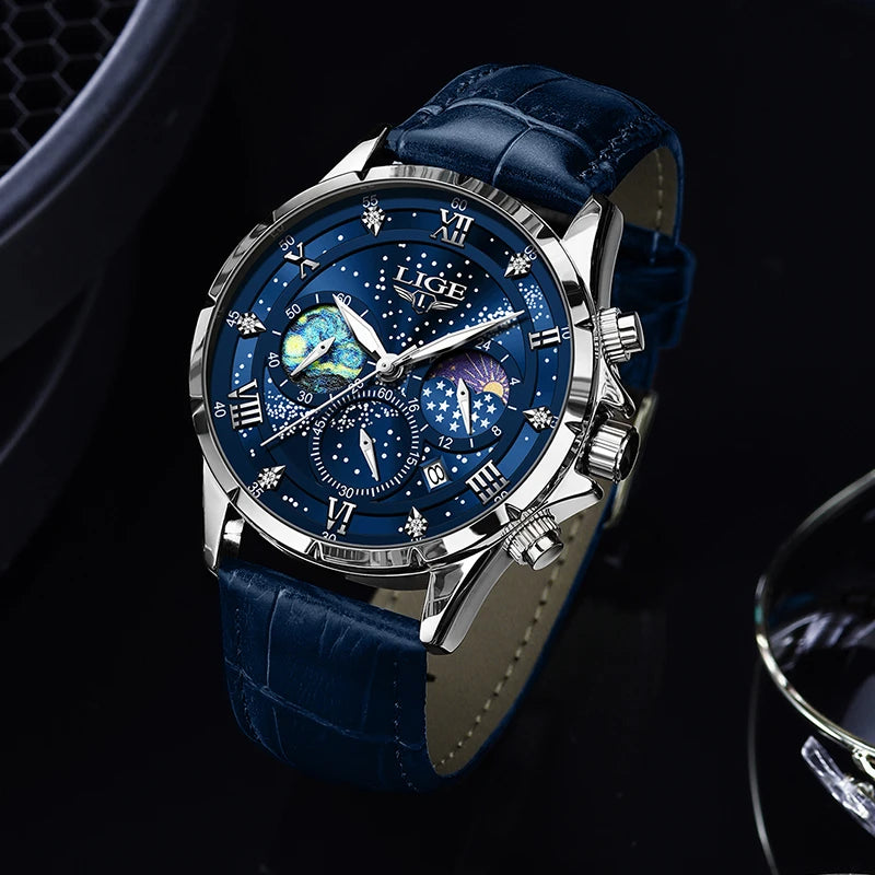 LIGE Mens Watch Luxury Waterproof Male Clock Moon Phase Date Casual Blue Leather Quartz Wrist Watch Men Chronograph Montre Homme