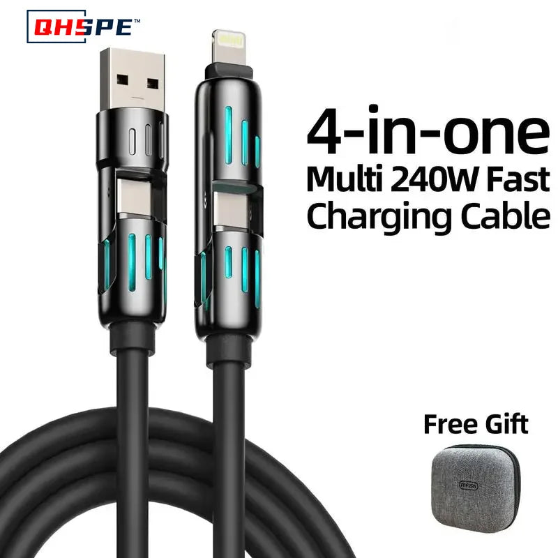 USB、Type C, lightning-Max 240W Fast Charging and Data Sync MFISH 4-in-1 Multi-Function USB Charging Cable for iPhone 16/15, iPad