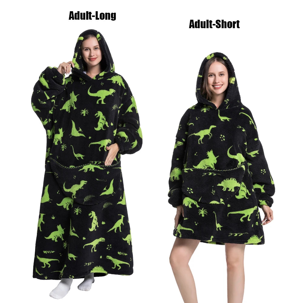 Thick Flannel Blanket Hoodies for Women Adult Panda Wolf Cat Pullover Winter Sherpa TV Blanket Homewear Oversized Sweatshirts