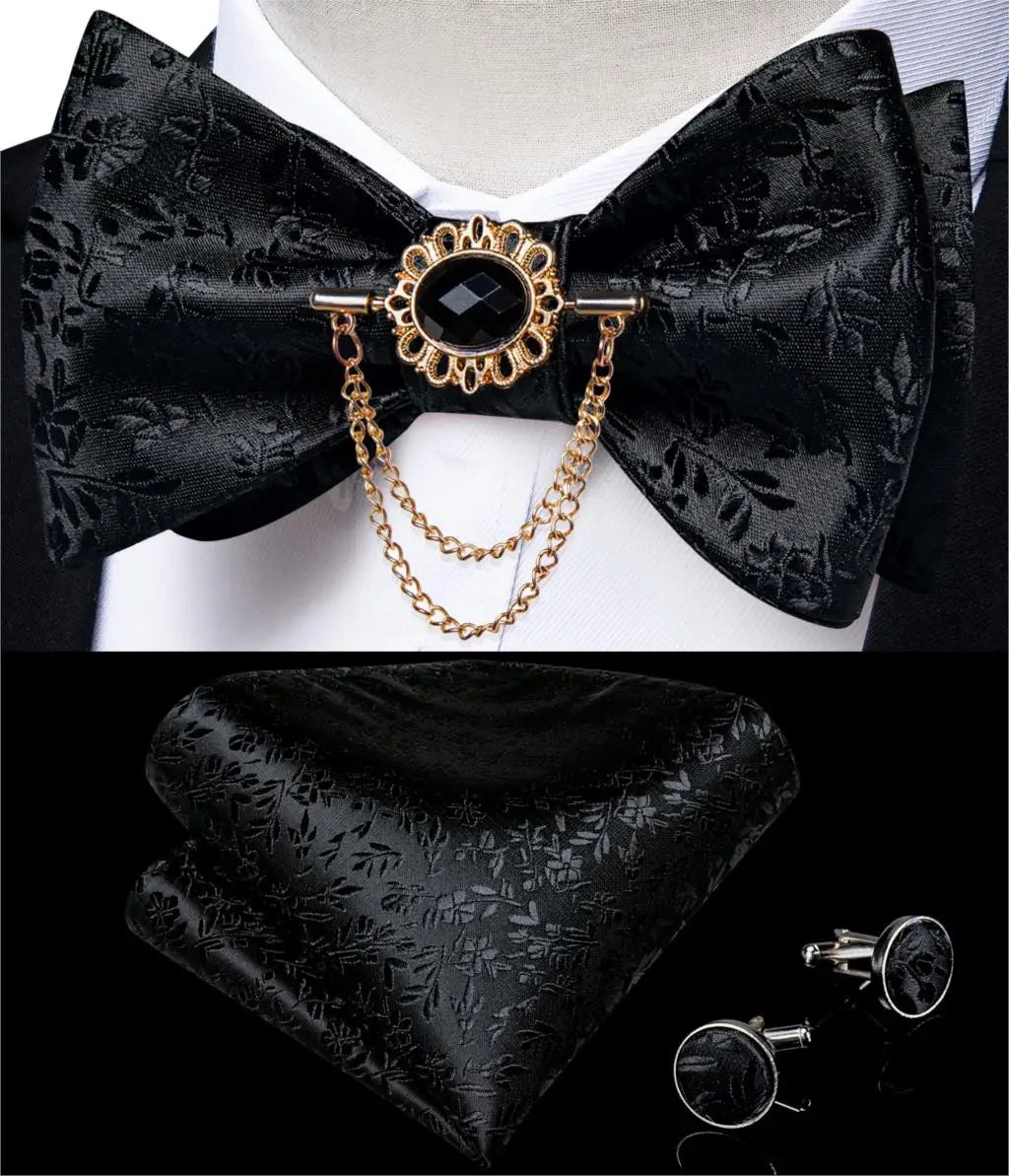 Luxury Gold Black Paisley Self Tie Men's Bow Tie Silk Woven Wedding Party Butterfly Ties Hanky Brooch Pin Set Tuxedo Bow DiBanGu