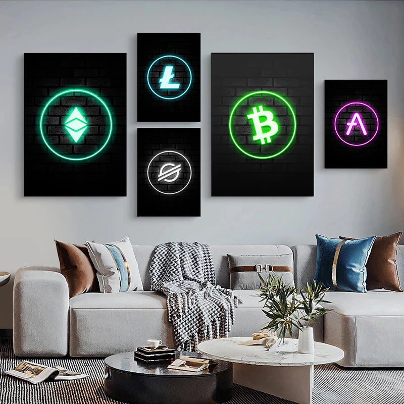 Bitcoin and Ethereum ETH BTC Neon Crypto Market Office Wall Art Pop Posters Prints Canvas Painting Room Home Decor