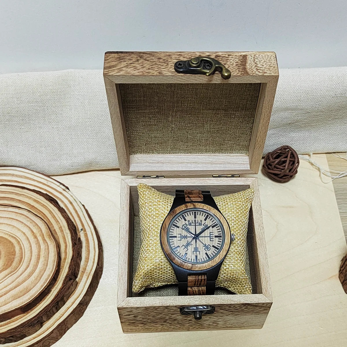 Wooden Wrist Watches Man Viking Symbol Element Clock Personalized Anniversary Gift for Husband Men's Wood Quartz Wristwatches