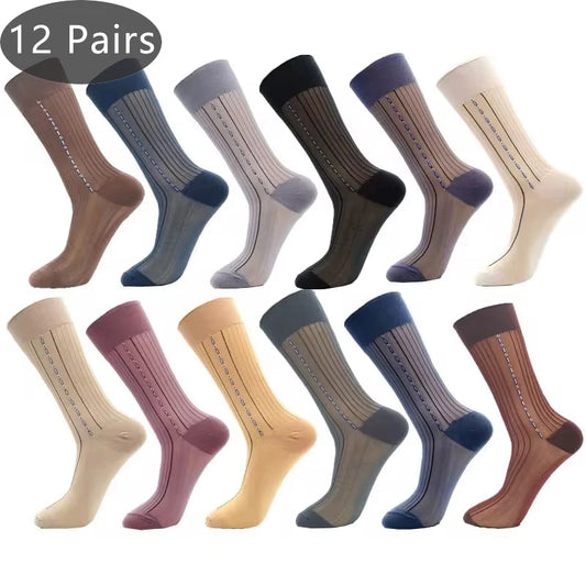 12 Pairs Large Size Summer Socks Mens Nylon Thin Breathable Middle-Eged Elderly Silk Socks Business Work Party Dress Long Socks