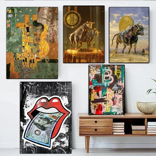 Crypto Fiat Nft Bitcoin Kiss Klimt Graffiti Art Golden Bull Halving Ceremony ALPHA Poster and Print Canvas Painting Room Decor