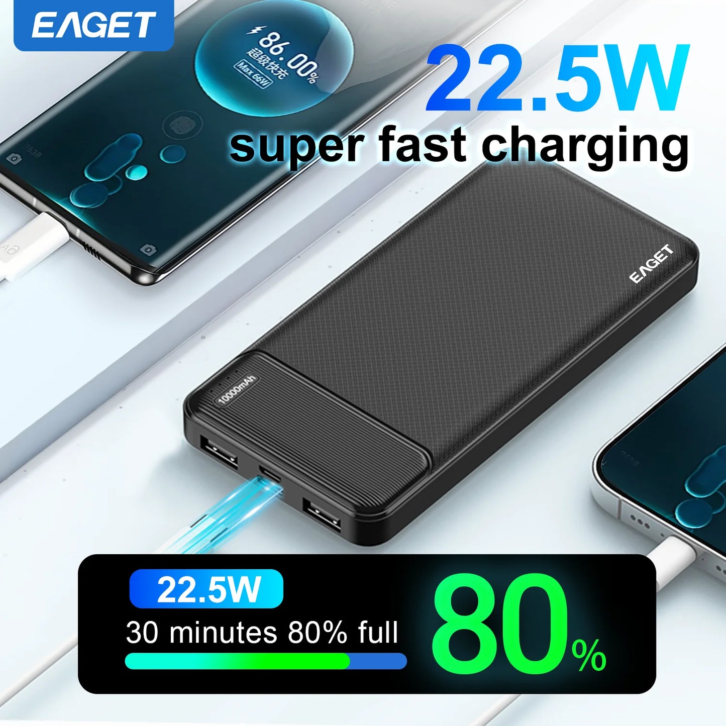 Eaget 10000mAh Power Bank 22.5W PD Fast Charging Powerbank Portable Battery Charger for iPhone 16Pro 15 14 13 Xiaomi Poco