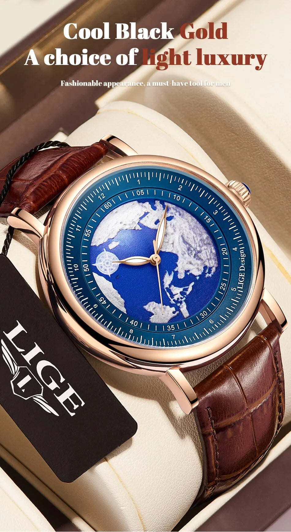 LIGE Mens Watches Fashion Blue Planet Creative Earth Quartz Wristwatch Leather Waterproof Watch For Men Clock Relogio Masculino